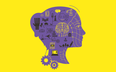 visage de femme avec cerveau illustré et pictogrammes