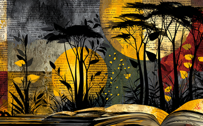 un jardin dans la nuit, deux grosses lunes jaunes éclairent la scène, 2 gros livres sont posés et ouverts à plats au premier plan à droite de l'image