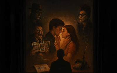 Scène sombre impliquant 5 personnages devant les yeux d'un spectateur. Une atmosphère pesante semble envelopper la deux amoureux au centre de l'image.