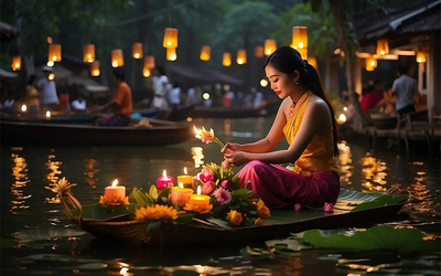 Jeune femme thailandaise qui dépose une lanterne flottante sur l'eau