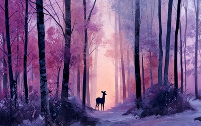une biche dans une forêt mystérieuse dans des tons rosés