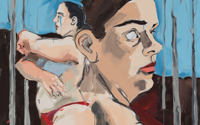 Peinture de Cristina BANBAN représentant une femme avec une culotte rouge et des chaussettes hautes