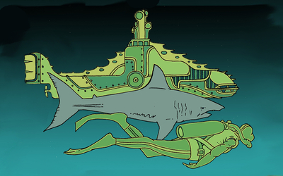 Visuel pour l'atelier philo représentant une homme-grenouille, un requin et un sous-marin dans l'eau