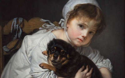 Huile sur toile de Jean-Baptiste Greuze, Une Enfant qui joue avec un chien (portrait de Louise-Gabrielle Greuze), 1767