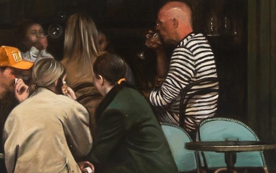 Peinture de Bilal Hamdad représentant des gens en train sur une terrasse de bar en train de boire et discuter