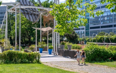 détail du jardin avec promeneurs 