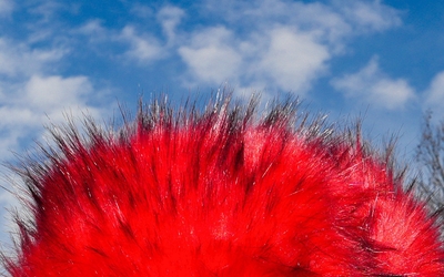 Photo représentant le visage d'une femme noire en gros plan portant une chapka rouge, devant un ciel nuageux