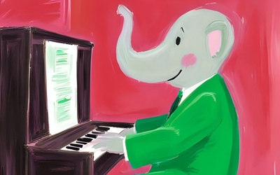 Eléphant en costume qui joue du piano