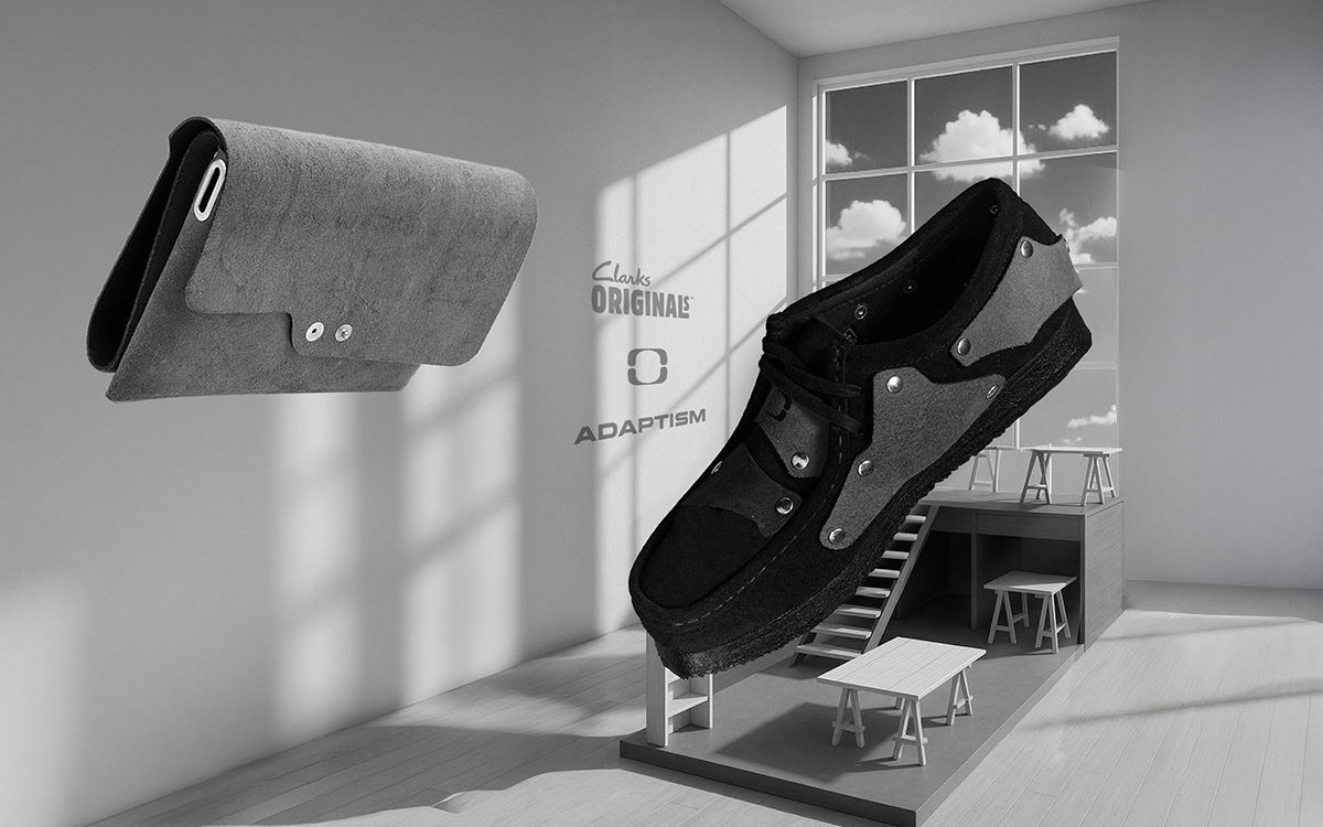 Il s'agit du poster de l'événement. L'arrière plan représente un atelier en 3D inspiré de celui d'Adaptism. AU centre du poster il y a le modèle issu de leur collaboration avec Clarks. 