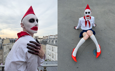 l'image représente 2 photos de Jenna Marvin prises dans le quartier autour de Transfo ; elle porte un costume fait d'un petit chapeau et bandana rouge évoquant les uninformes communistes de Russie, son pays.  Elle est également maquillée comme elle le fait habituellement pour ses créatures (tête blanche et bouche élargie rouge)