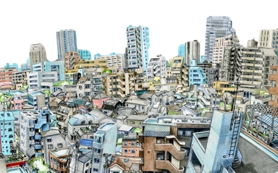 Dessin représentant une vue panoramique dela ville de Tokyo