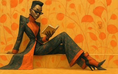 Une femme noire, élégante, assise sur un muret et lisant  de manière concentrée un livre