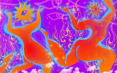 Illustration représentant deux silhouettes féminines oranges en train de danser sur un fond violet 