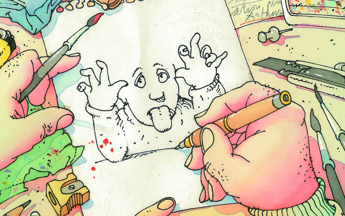 mains dessinant un portrait qui tire la langue au regardeur