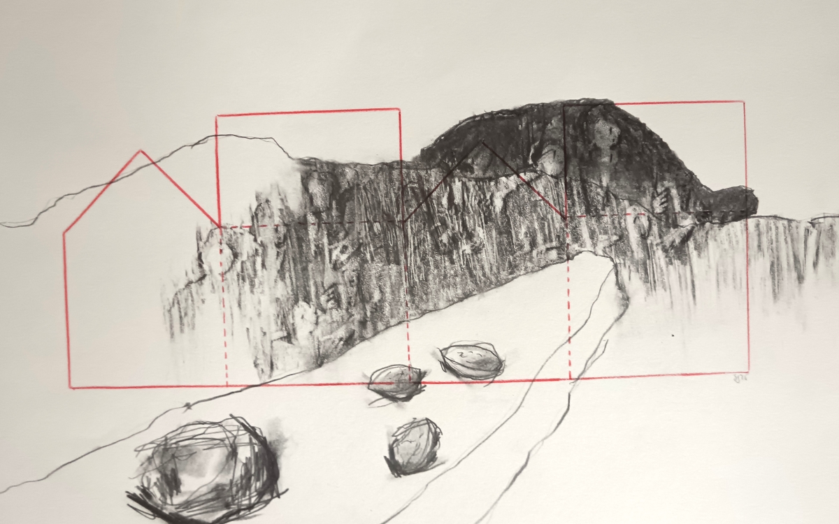 cabane dépliée laissant apparaitre des montagnes et des silhouettes 