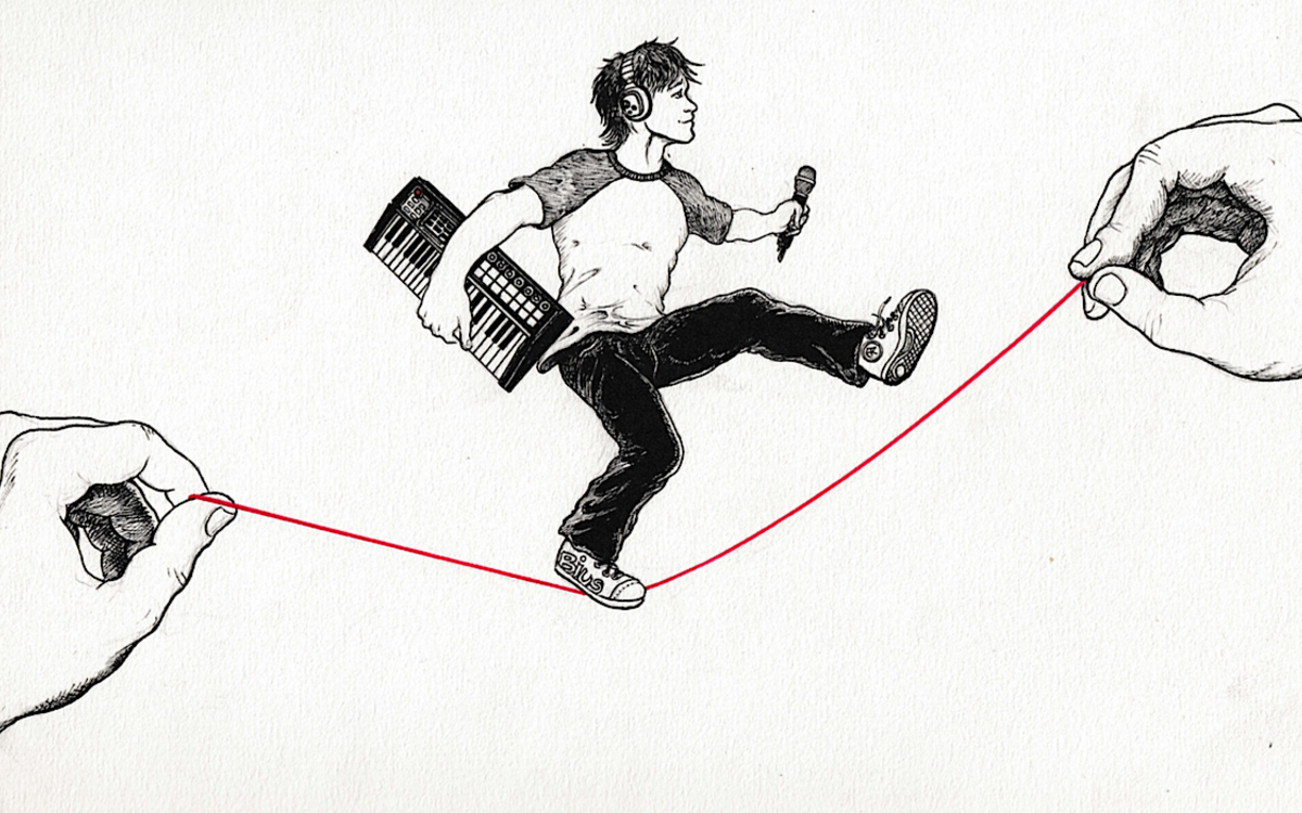 Un adolescent, ou un jeune homme (en miniature) tente d'avancer en équilibre sur un fil rouge, tenu par deux mains.