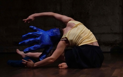De dos, sur scène, une personne est assise. Elle porte sur la tête une immense main bleue, faite en papier. 