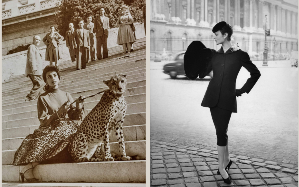  à gauche : Luigi Leoni, L’actrice Anna Lya posant avec un guépard, Rome ; à droite : Mannequin posant avec un tailleur de la maison de couture Patou, Paris 