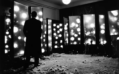 Silhouette d'une personne se tenant dans une pièce sombre peuplée de miroirs réfléchissant des boules lumineuses