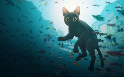 un chat noir aux yeux jaunes sous l'eau
