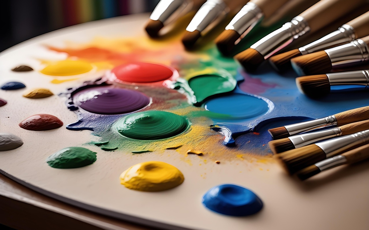 Une palette avec de la peinture de toutes couleurs