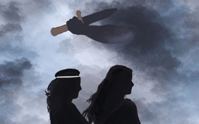Silhouettes d'Iphigénie et Agamemnon sous ciel ombrageux  et dramatique