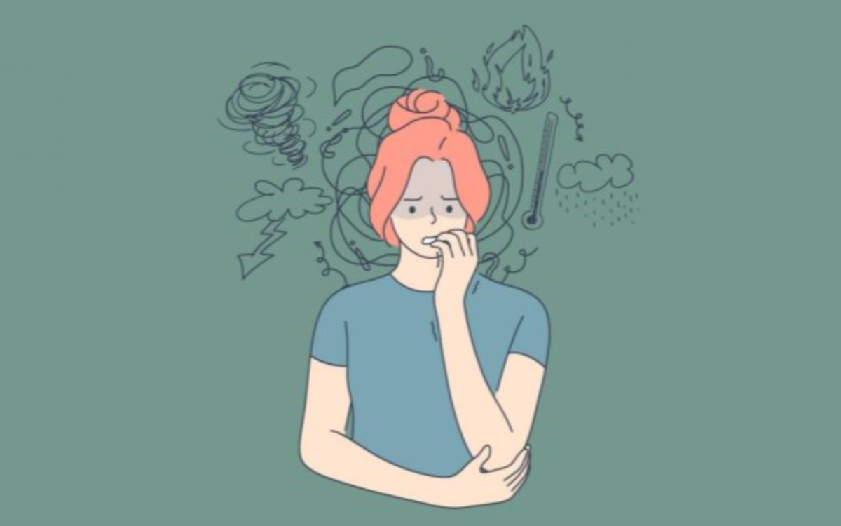 Jeune femme entourée de dessin de bd évoquant la colère le stress la tristesse...
