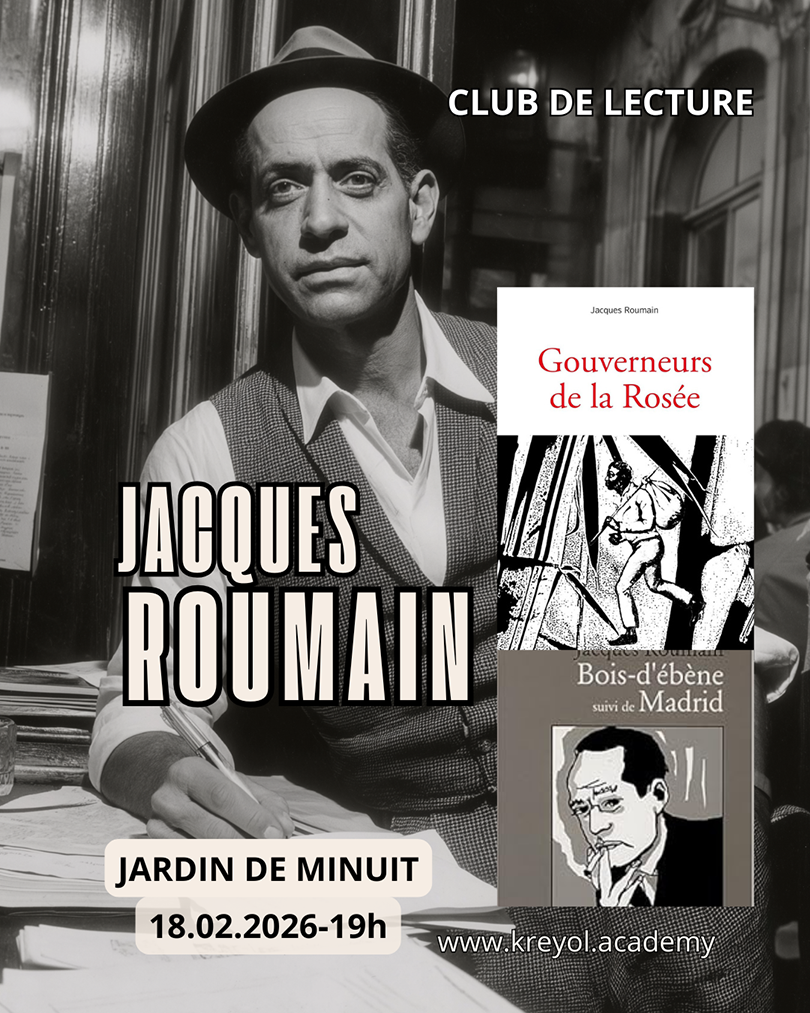 Jacques Roumain assis dans un salon bibliotheque, image réalisée  avec l'IA