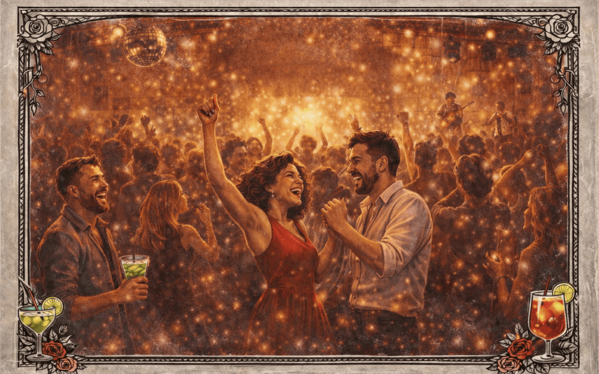 Illustration d’une soirée dansante au Bizz’Art à Paris, montrant un public en train de danser et de profiter de la musique dans une ambiance chaleureuse, festive et élégante, aux tons dorés et vintage.