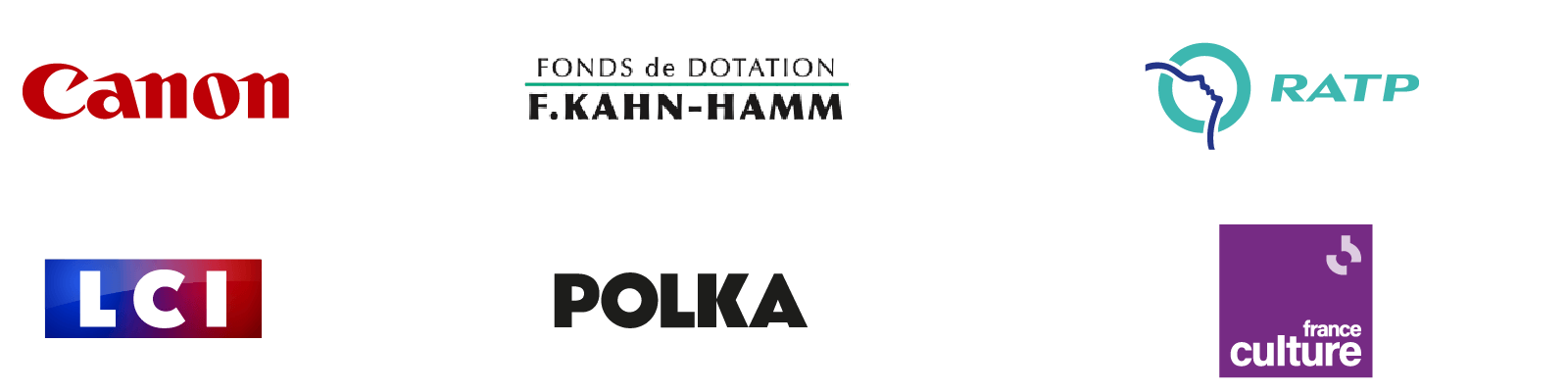 Partenaires de l'exposition : Canon, Fonds de dotation F. Kahn-Hamm, RATP, LCI, POLKA, France Culture