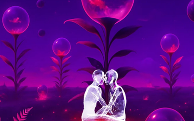 Affiche soirée amour cosmique Cabaret Sauvage représentant deux silhouettes transparentes qui s'embrassent