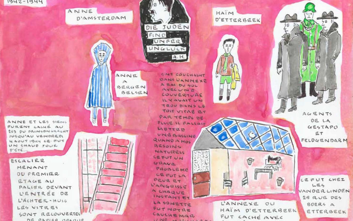 Dessin à l'aquarelle et à l'encre de chine avec un fond rose de l'écriture et des personnages : des enfants, des soldats, un escalier, une pièce cachée et un portrait d'Hitler de profil