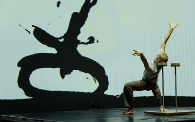 Oeuvre d'art contemporain avec une femme qui fait un mouvement projeté en ombre chinoise