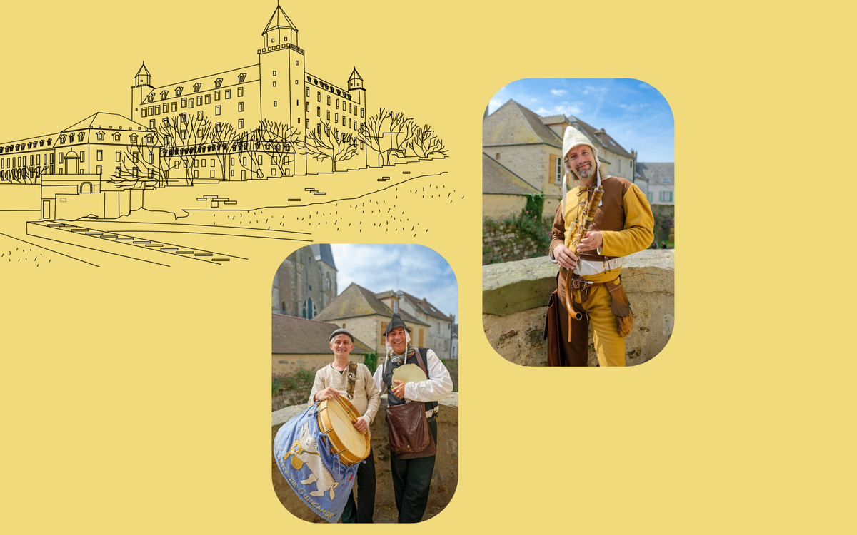 portrait des 2 musiciens en costumes médiévaux sur fond de châteaux forts