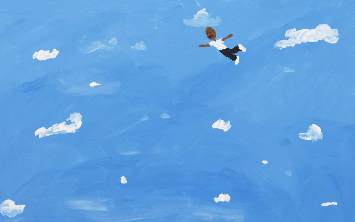 Peinture représentant un homme en train de flotter dans un ciel nuageux