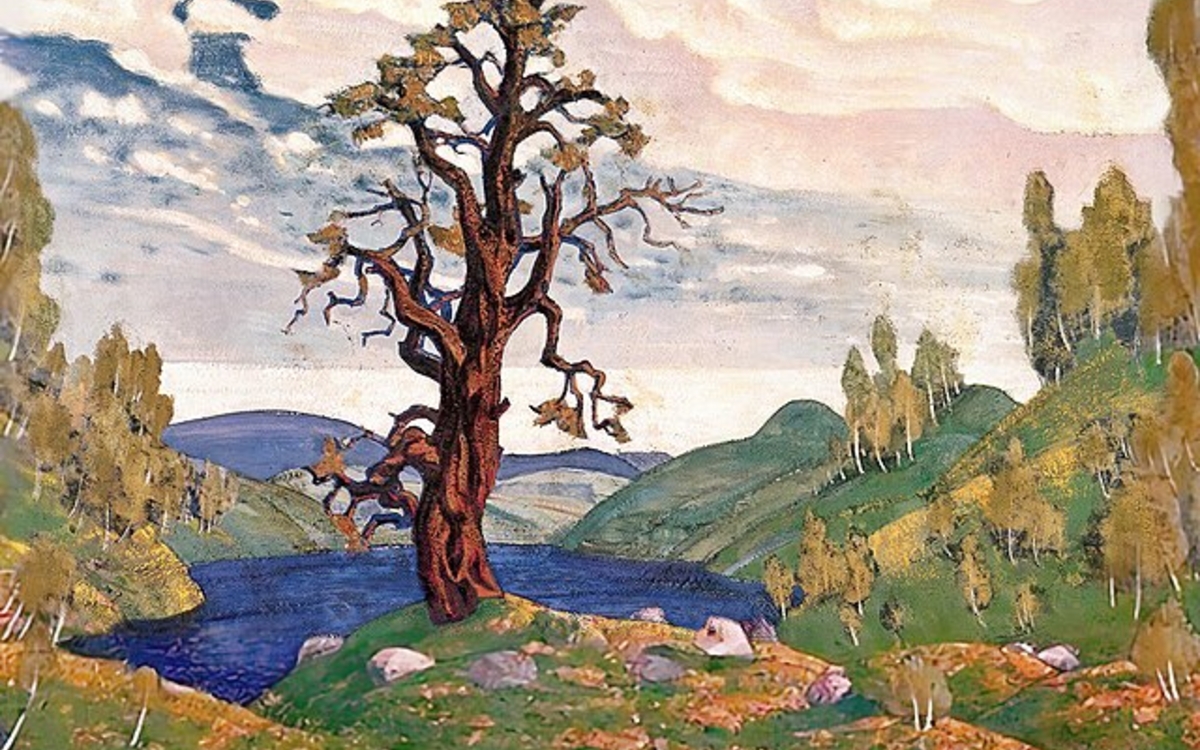 Photo d'une peinture de paysage avec un arbre en premier plan