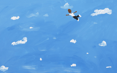 Peinture représentant un homme en train de flotter dans un ciel nuageux