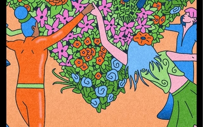Illustration colorée représentant des personnes en train de danser autour d'un coeur en fleurs