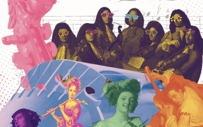 Image très colorée montrant des artistes avec instruments et lunettes de soleil