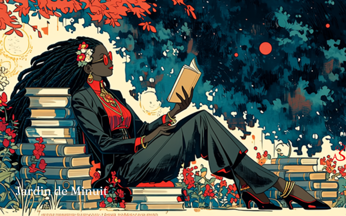 Une femme noire, de type moderne,adossée à une pile livres dans un jardin le soir, lit