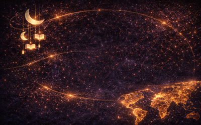 une carte du monde connecté grâce à un calendrier lunaire représentant la lune et des livres suspendus