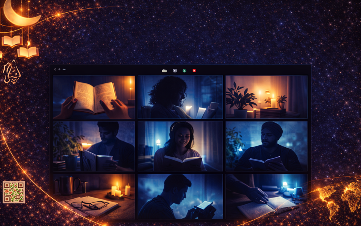 une carte du monde connecté grâce à un calendrier lunaire représentant la lune et des livres suspendu et des personnes en train de lire 