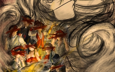 L'Affiche Commandement n° 28: Vous ne faux-Trépas. Un dessin illustrant un visage féminin et des chevêches qui couvrent l'image l'affiche intégralement en bas à gauche. Il y a 7 personnages différents avec leur tête barrée en rouge, représentant les personnages de la pièce.