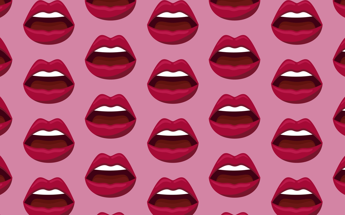 dessin de bouches rouges ouvertes dont on voit les dents blanches, sur fond rose