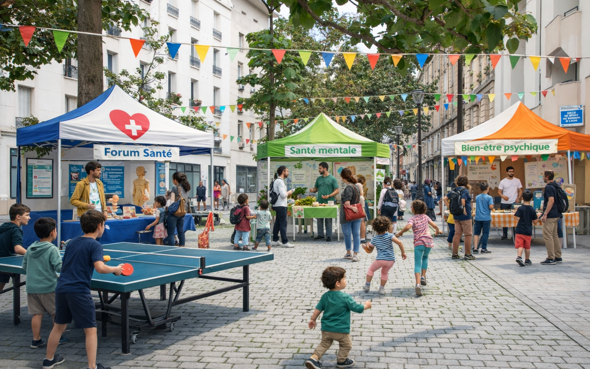 Stands sur la place publique, ambiance conviviale et chaleureuse