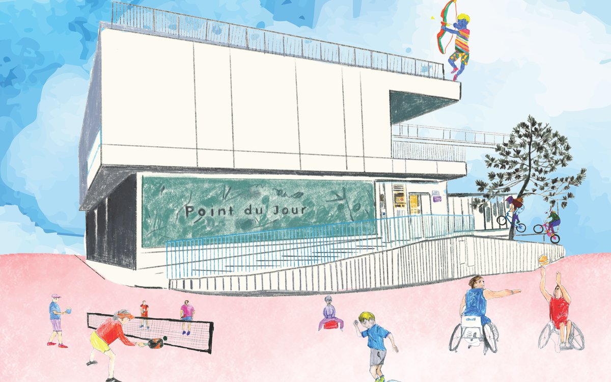 Dessin où des personnes pratiquent des sports insolites des JO