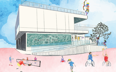 Dessin où des personnes pratiquent des sports insolites des JO