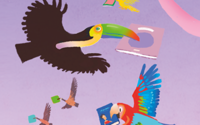 Dessin d'oiseaux en vol, tenant des  livres dans leur bec, sur fond violet