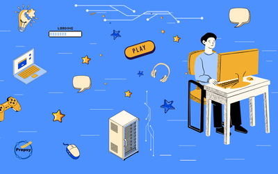 Une personne est assise devant un ordinateur et programme un jeu vidéo, concentrée mais souriante, dans une ambiance détendue et ludique