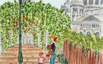 Aquarelle représentant une scène parisienne à Montmartre avec escaliers, végétation et vue sur le Sacré-Cœur.